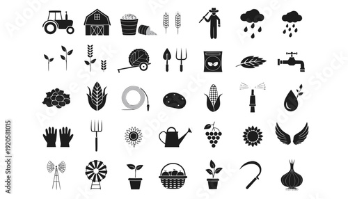 Very beautiful black and white farming vector icon set featuring tractor, barn, crops, farmer silhouette, plant growth stages, and agricultural tools, arranged in clean minimalist clipart style for ru