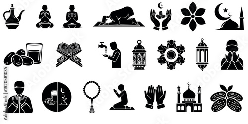 Islamic Ramadan Kareem Silhouette Icon Set Vector