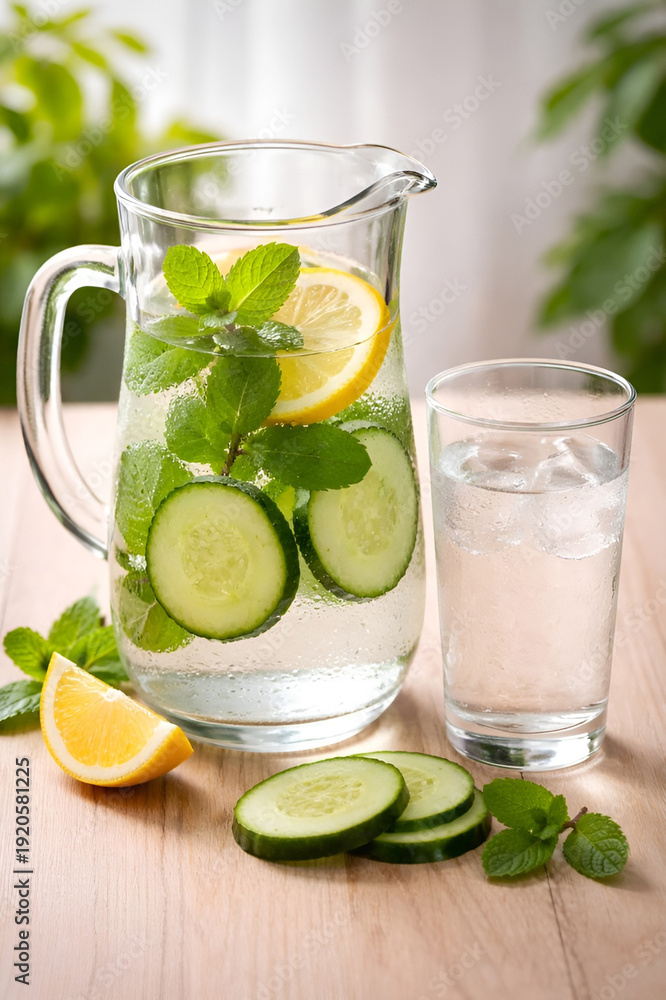 Fototapeta premium Detox Lemon Cucumber Mint Water in Glass Pitcher – Healthy Hydration Concept