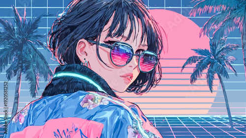 Anime girl wearing reflective sunglasses, looking back with a neon glow in a vibrant retro synthwave landscape