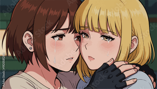 Anime girls comforting each other feeling sadness