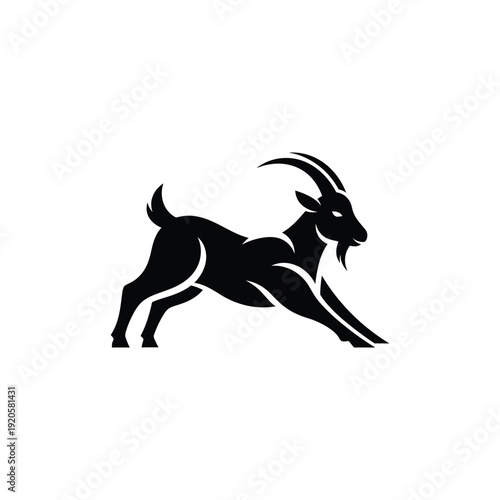 A black silhouette of a leaping goat with horns and beard, embodying  energy, in a dynamic illustration showcasing agility and strength.