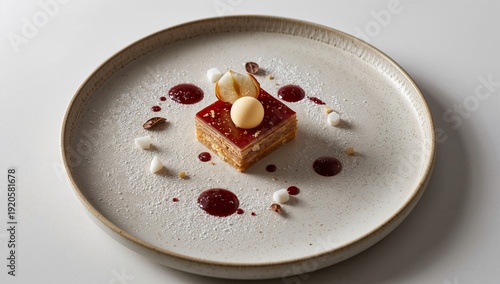 Dessert Served on a Plate With Fruit, Sauce, and Cream in a Fine Dining Resta...