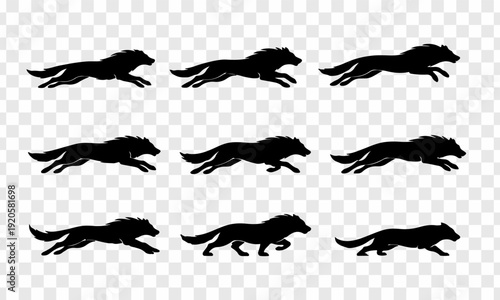 Dynamic black panther silhouettes in running and leaping poses, bold flat vectors for seamless patterns.