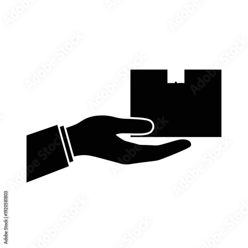 A black silhouette icon of a hand holding a small package or box, representing delivery or service.