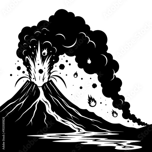 Dramatic black and white illustration of a powerful volcano eruption with smoke, ash, lava flow, and fiery projectiles.