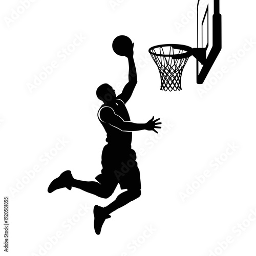 A dynamic silhouette of a basketball player jumping to dunk the ball into the hoop, showcasing athletic action and sportsmanship.