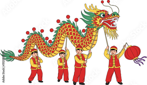 Traditional Chinese dragon dance performance with colorful festive costume, cultural celebration illustration featuring dancers and lantern, joyful festival scene isolated on white background