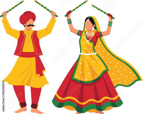 Traditional Indian Garba dance couple with colorful ethnic costumes, cultural celebration illustration featuring folk dancers with sticks, festive Navratri scene isolated on white background