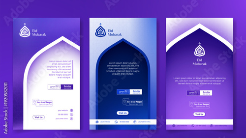 Social media post template for eid mubarak in neon purple background with mosque arch design