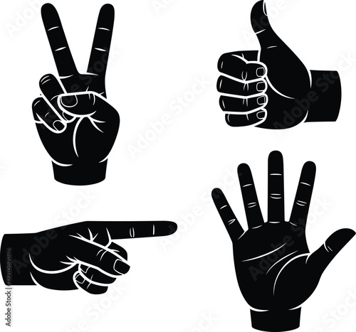 Hand gesture silhouette set, peace thumbs up pointing open palm icons, vector illustration design pack