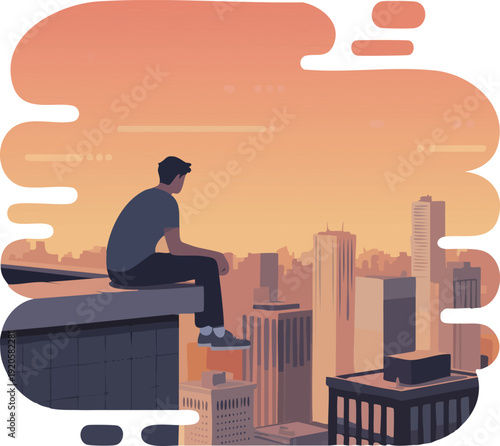 man sitting on a rooftop watching the sunset over the city
