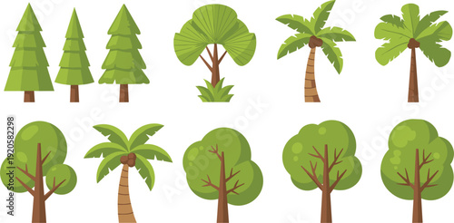 vtree; trees; forest; jungle; coconut; palm; deciduous; meadow; garden; nature; park; plant; plants; foliage; greenery; leaf; leaves; outdoor; landscape; flat; cartoon; minimal; modern; vector; 