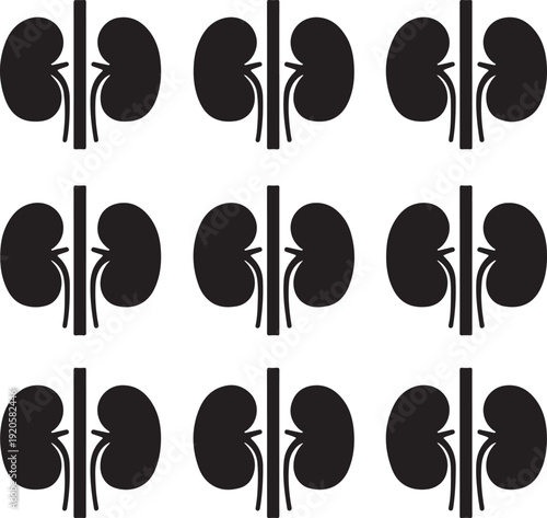 Nine black and white kidney arranged in a 3x3 grid pattern medical organ