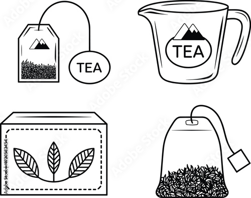 Tea product illustration set, teabag cup box icons, herbal beverage line art, packaging design vector