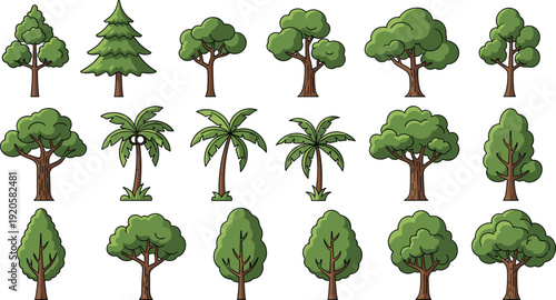 Cartoon tree vector set flat forest jungle coconut deciduous collection