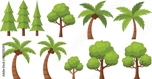 Cute cartoon tree vector set forest jungle coconut deciduous flat