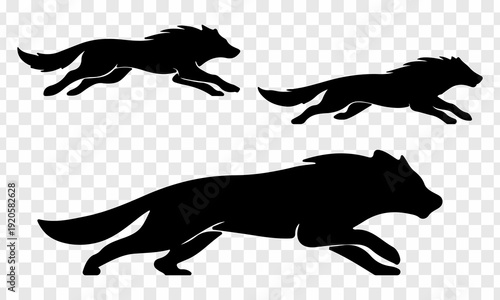 Dynamic black panther silhouettes in running and leaping poses, bold flat vectors for seamless patterns.