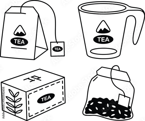 Tea packaging collection set, teabag cup box illustrations, herbal drink icons, beverage line art design