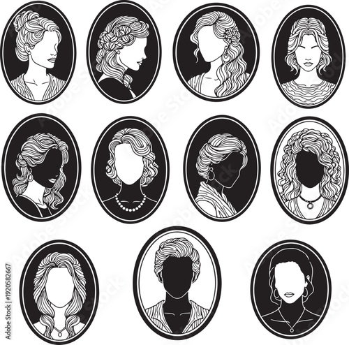 Vintage Silhouette Portraits of Women in Classic Oval Frames Vector Illustration