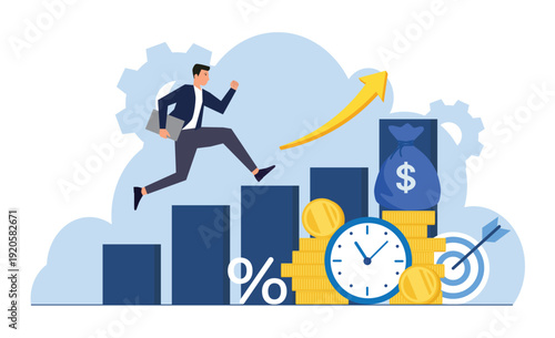 Motivated businessman running up a rising bar chart next to a large clock and piles of gold coins for time management