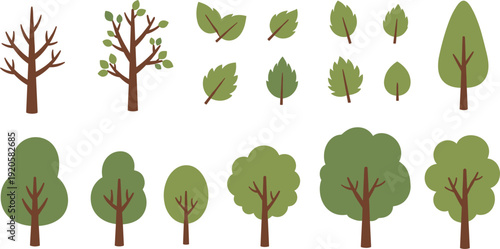 tree; trees; leaf; leaves; foliage; plant; plants; nature; forest; garden; botanical; greenery; branch; trunk; bare; lush; flora; outdoor; vector; illustration; set; collection; flat; handdrawn; 