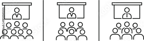  Minimalist Line Art Presentation and Audience Icons Vector Set with Speaker at Podium and Varying Crowd Sizes for Conference Seminar Lecture and Public Speaking