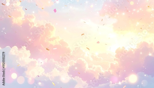 Soft pastel-colored sky with fluffy clouds, sparkles, and confetti gently falling. Dreamlike aesthetic with warm light