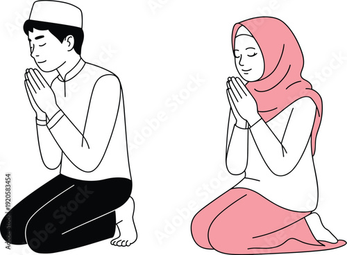 Muslim man and woman praying namaz Islamic worship dua kneeling pose religious flat vector illustration set