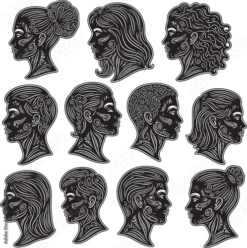 Collection of Hand-Drawn Female Silhouettes with Various Hairstyles in Black and White