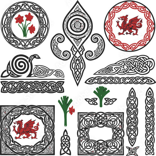 Celtic knotwork designs and welsh dragon motifs with floral patterns