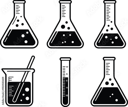 Laboratory glassware icons set, chemistry flask beaker test tube vector illustration, scientific line art