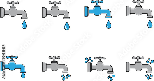 Water tap icons set dripping and running faucet plumbing equipment flat vector illustration collection isolated