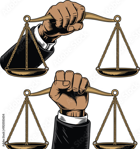 Hand holding justice scales symbol law and legal rights concept vintage engraving style vector illustration set