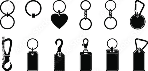 Black keychain and tag silhouette collection featuring various metal ring heart shape carabiner and identification label designs for accessory and vector design.