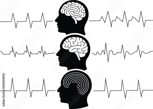 Human brain and heartbeat icons set, neuroscience medical vector illustration, psychology line art design