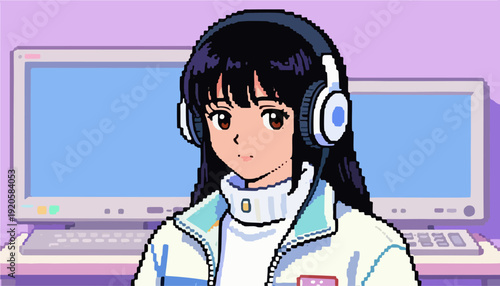 Pixel art girl wearing headphones at computer workstation