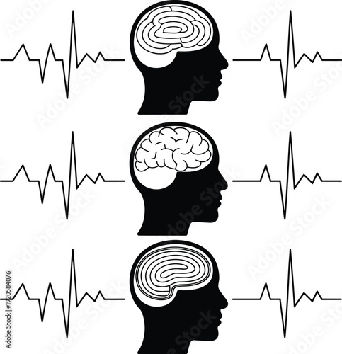 Brain and ECG heartbeat icons set, neuroscience medical vector illustration, human mind line art