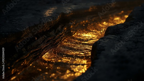 Lava Flows Over Rocks in a Volcanic Landscape at Night Creating Bright Orange...