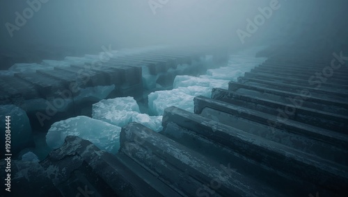 Ice Chunks on a Cold Surface in Foggy Weather During the Early Morning Hours