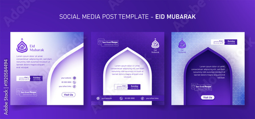 Set of social media post template for eid mubarak in purple background with mosque arch design