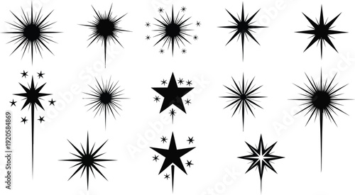 Geometric sparkle vector icons set with magic wands and shining stars