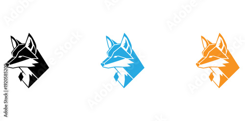 Three stylized fox heads in different color schemes representing a tech mascot evolution isolated on transparent background, Vector