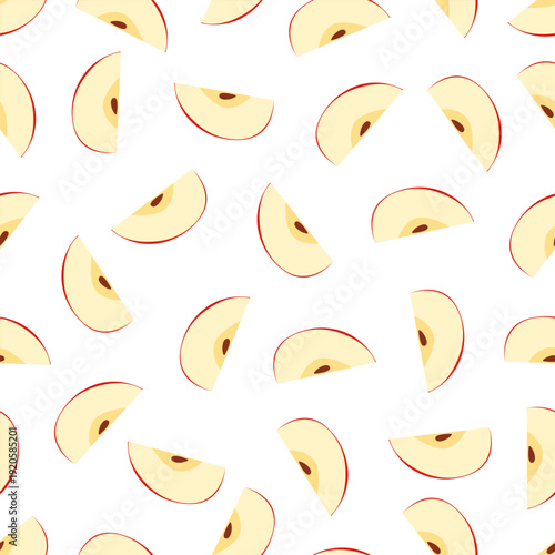A minimalist vector seamless pattern of fresh red apple slices on a white background. This flat illustration is perfect for fabrics, wrapping paper, packaging, wallpaper, and food design projects.