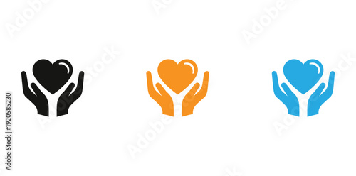 Three hands holding hearts in different colors symbolizing love and unity isolated on transparent background, Vector