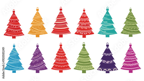 Grid of twelve stylized and colorful christmas tree ornaments with different patterns and shapes for festive holiday decorations.