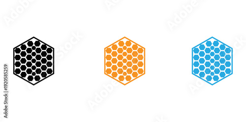 Three hexagonal grid patterns with varying color and density designs isolated on transparent background, Vector