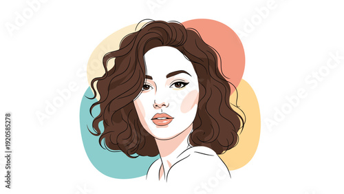 Artistic portrait of a beautiful woman with voluminous wavy brown hair and elegant makeup against a colorful abstract background.