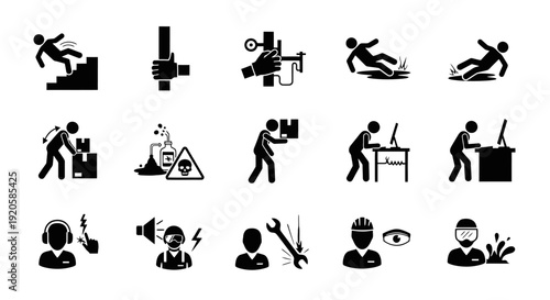 Collection of black silhouettes depicting various workplace safety hazards and precautions.
