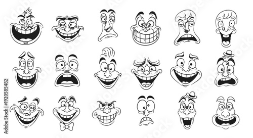 Collection of Cartoon Faces with Various Facial Expressions.